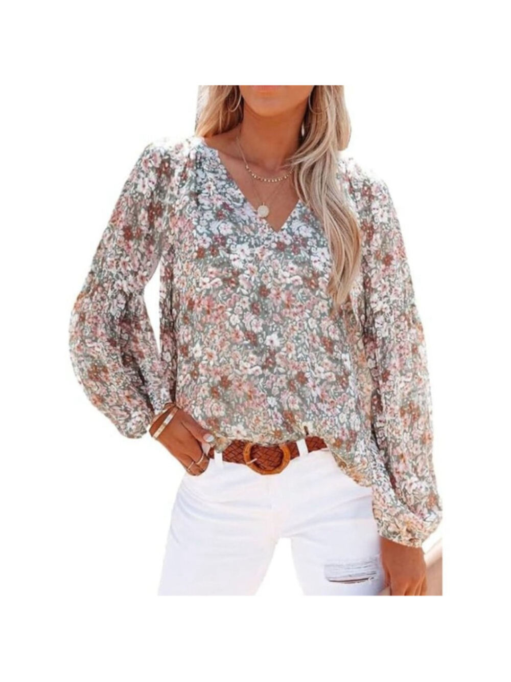 Women's Shewin Boho Lantern V-Neck Multicolor Floral Blouse Shirt(Size X…